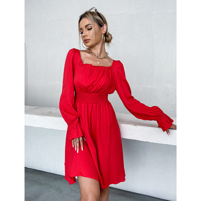 Square Neck Slim Long Sleeves Solid Waist Casual Dresses