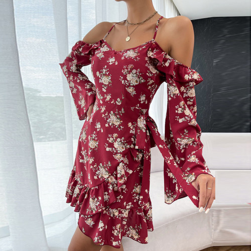 Elegant Flared Sleeves with Printed Drop Shoulders Casual Dresses