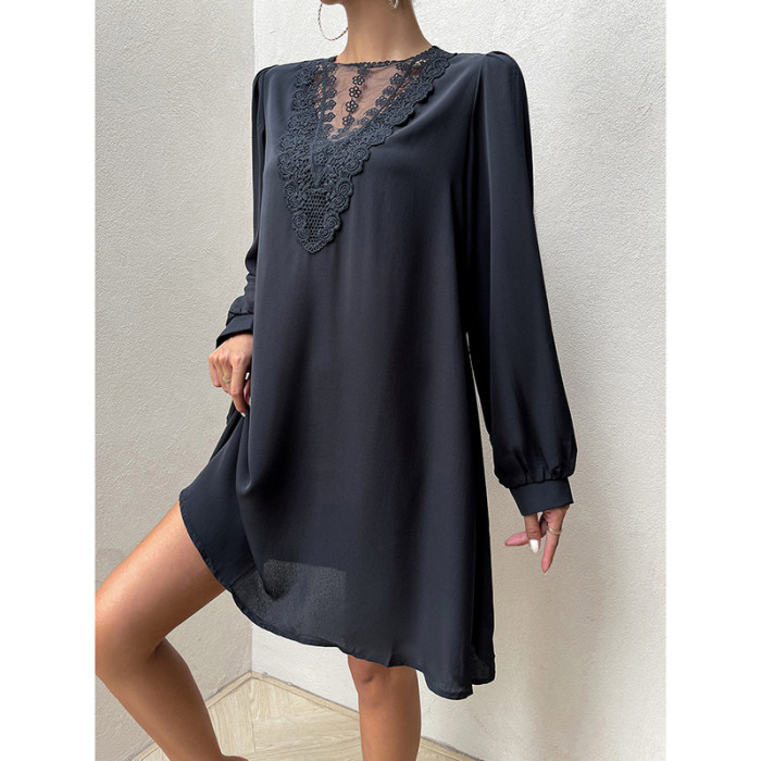 Lace Long Sleeve Crew Neck Mid Waist Casual Dresses
