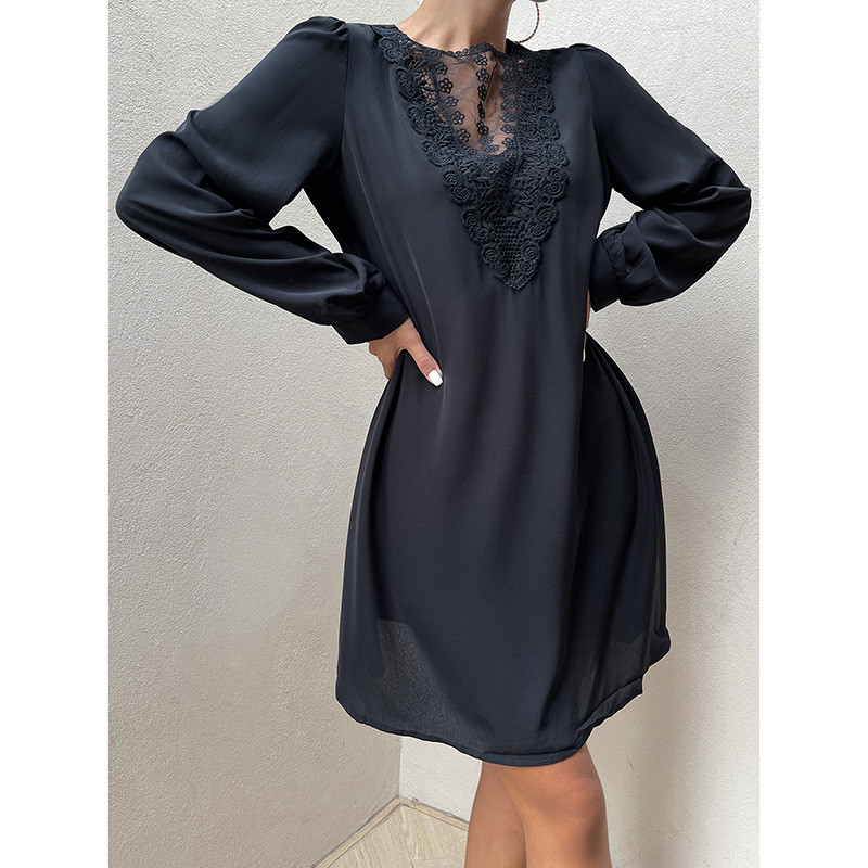 Lace Long Sleeve Crew Neck Mid Waist Casual Dresses