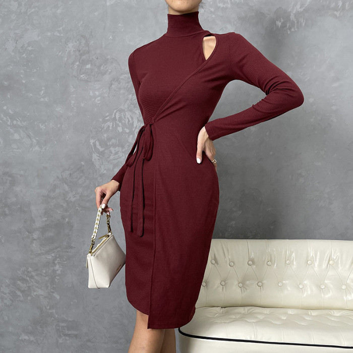 High Neck Long Sleeve Solid Cutout Tie Bodycon Dresses