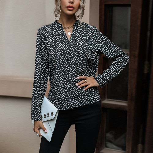 Fashion Floral Long Sleeve V Neck Print Chiffon Simple Blouses & Shirts