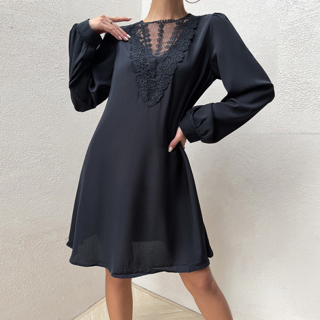 Lace Long Sleeve Crew Neck Mid Waist Casual Dresses