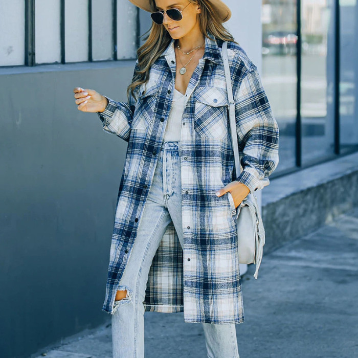 Long Casual Wool Long Sleeve Check Lapel Trench Coats