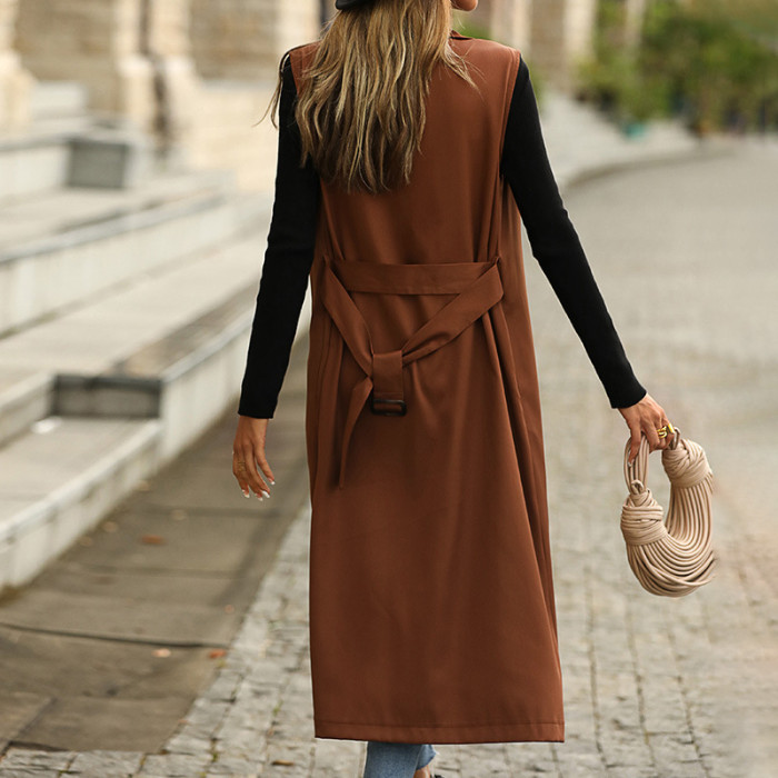 Fashion Lapel Sleeveless Solid Color Single Breasted Trench Coats