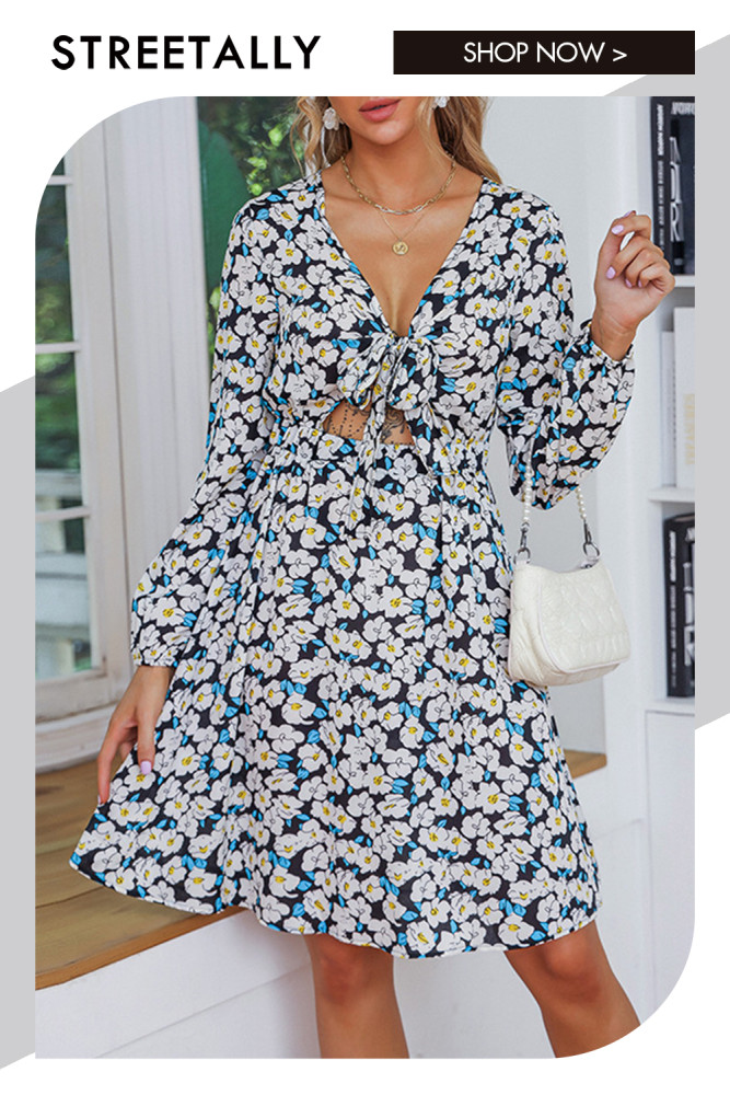 Floral V Neck Tie Print Long Sleeve Cutouts Casual Dresses