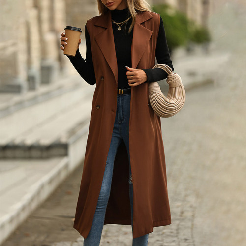 Fashion Lapel Sleeveless Solid Color Single Breasted Trench Coats