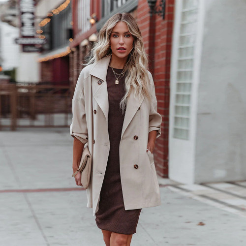 Mid Length Loose Casual Long Sleeve Solid Lapel Trench Coats