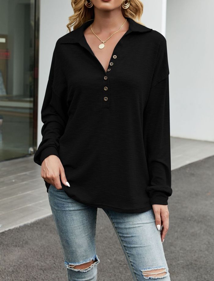 Lapel Half Placket Button Loose Casual Solid Blouses & Shirts