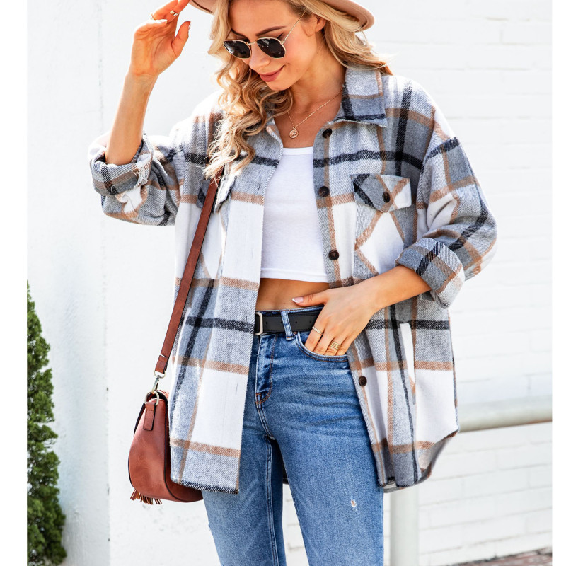 Woolen Top Casual Long Sleeve Check Lapel Single Breasted Coats