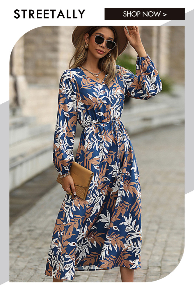 Waistband Tie Print Long Sleeves with Midi Dresses