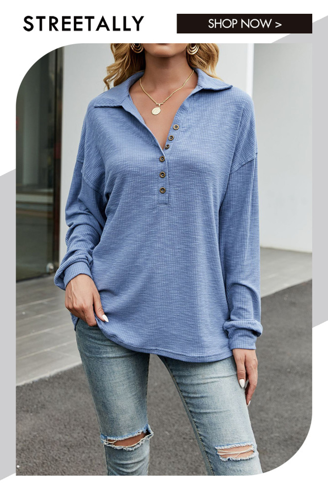 Lapel Half Placket Button Loose Casual Solid Blouses & Shirts