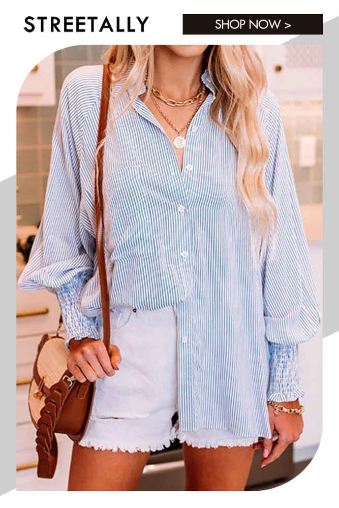 Loose Casual Striped Long Sleeve Lapel Flare Sleeves Blouses & Shirts