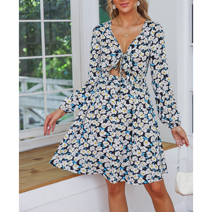 Floral V Neck Tie Print Long Sleeve Cutouts Casual Dresses