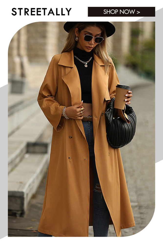 Outer Collar Solid Color Long Casual Elegant Tie Trench Coats