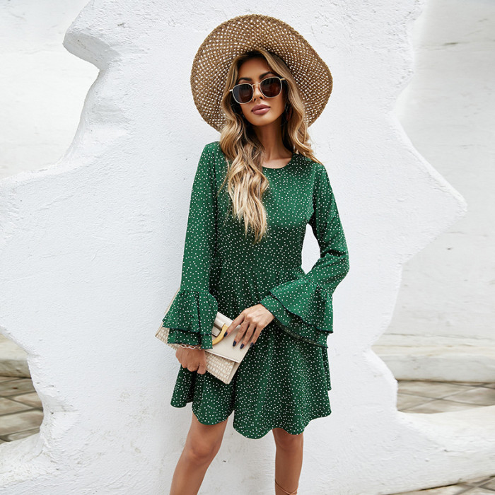 Polka Dot Flare Sleeves Crew Neck Elegant Long Sleeves Casual Dresses