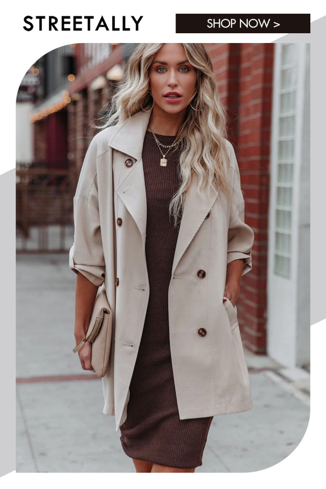 Mid Length Loose Casual Long Sleeve Solid Lapel Trench Coats