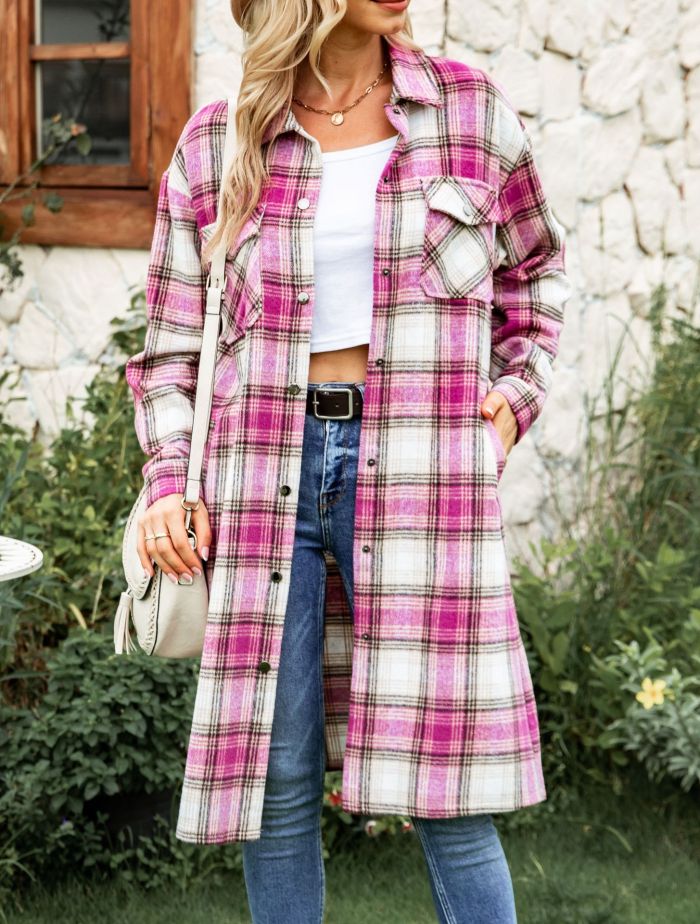 Long Casual Wool Long Sleeve Check Lapel Trench Coats