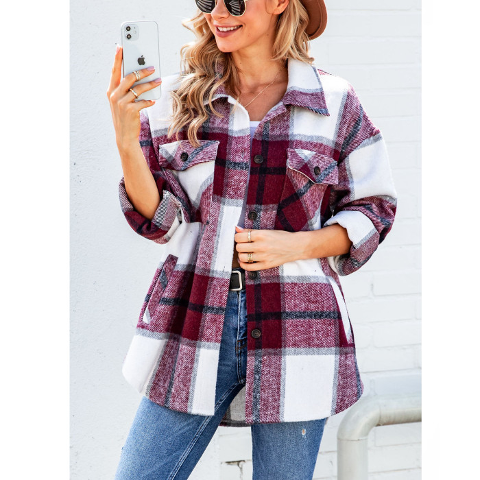 Woolen Top Casual Long Sleeve Check Lapel Single Breasted Coats