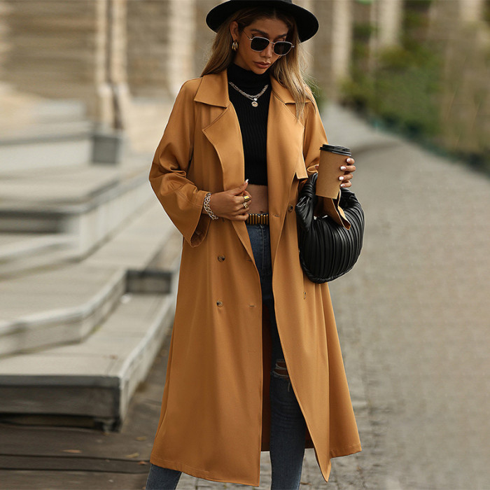 Outer Collar Solid Color Long Casual Elegant Tie Trench Coats