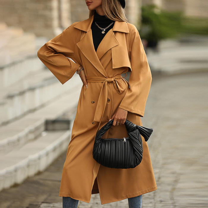 Outer Collar Solid Color Long Casual Elegant Tie Trench Coats