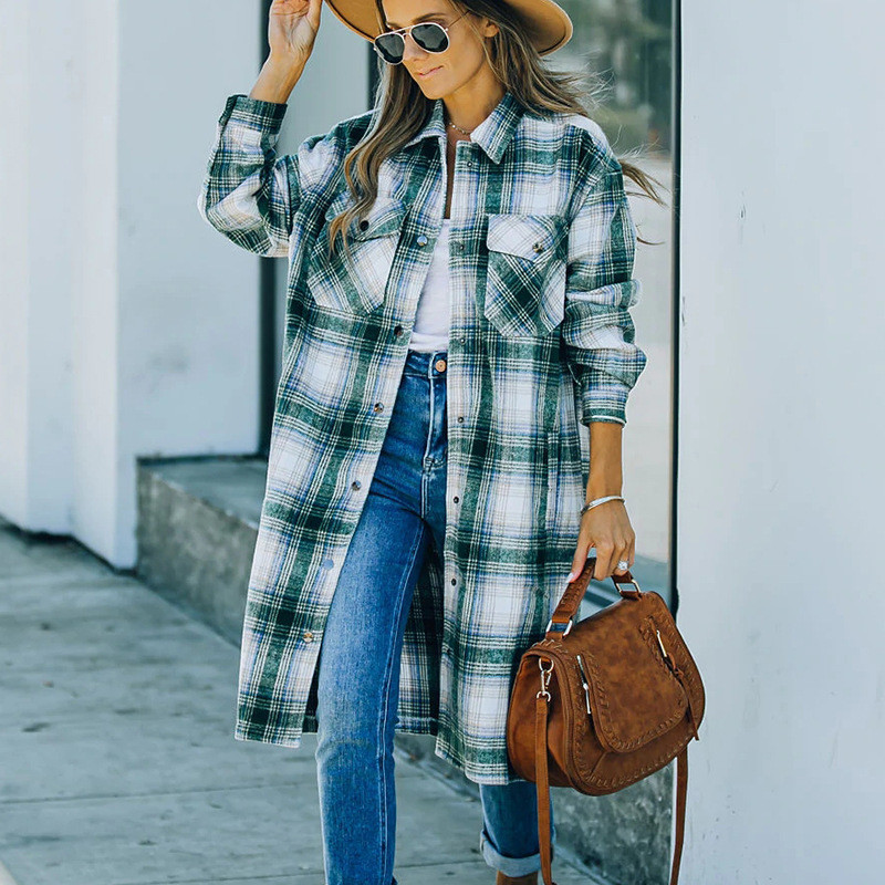 Long Casual Wool Long Sleeve Check Lapel Trench Coats