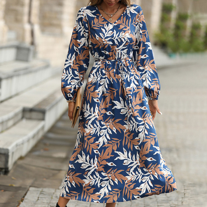 Waistband Tie Print Long Sleeves with Midi Dresses