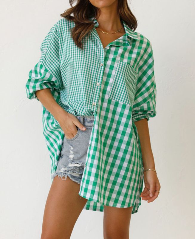 Paneled Loose Casual Long Sleeve Check Lapel Blouses & Shirts