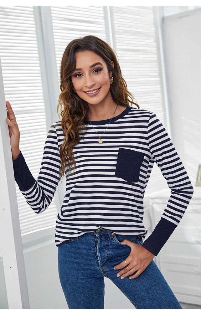 Round Neck Striped Contrast Pocket Long Sleeve Loose T-Shirts