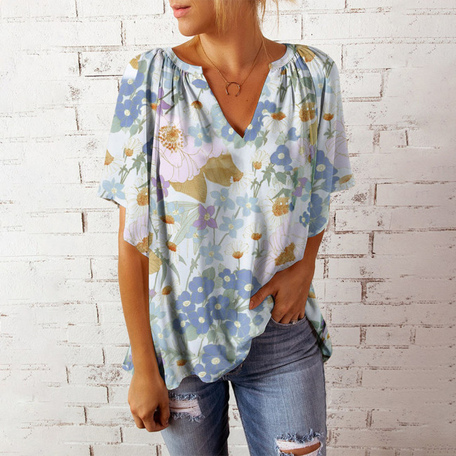 V-Neck Printed Short Sleeve Loose Casual Pullover T-Shirts