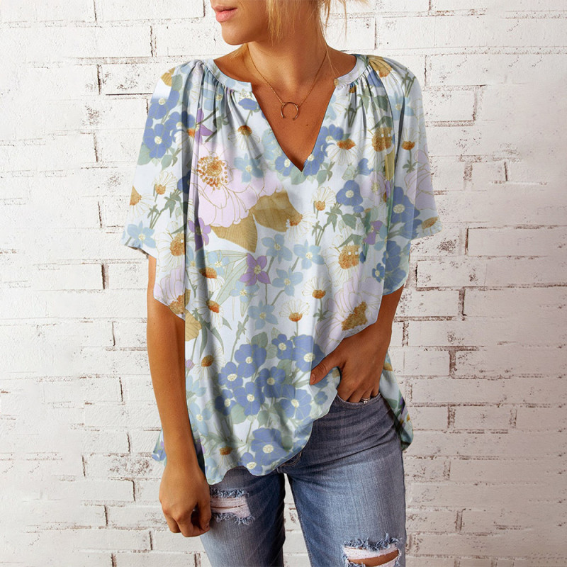 V-Neck Printed Short Sleeve Loose Casual Pullover T-Shirts