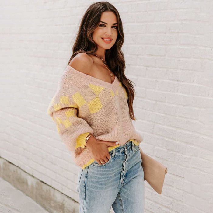 Fashion Contrast V-Neck Long Sleeves Casual Loose Sweaters & Cardigans