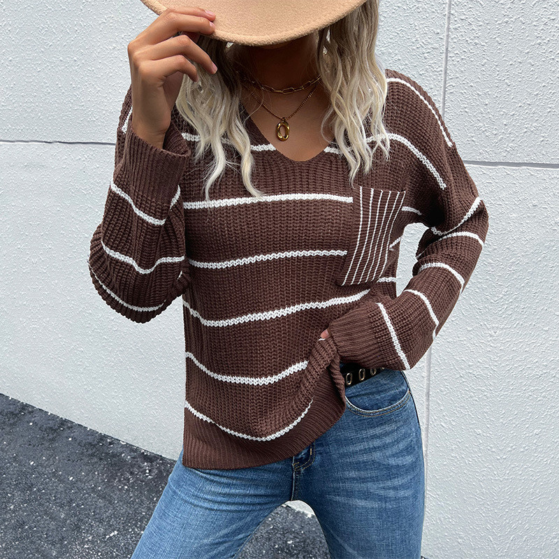 Casual Fashion V-Neck Long Sleeve Stripes Sweaters & Cardigans