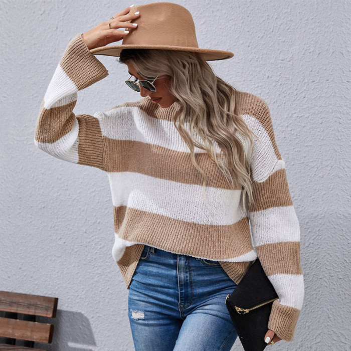 Long Sleeve Striped Turtleneck Loose Chic Sweaters & Cardigans