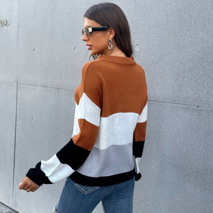 Casual Fashion Long Sleeve Colorblock Crew Neck Sweaters & Cardigans