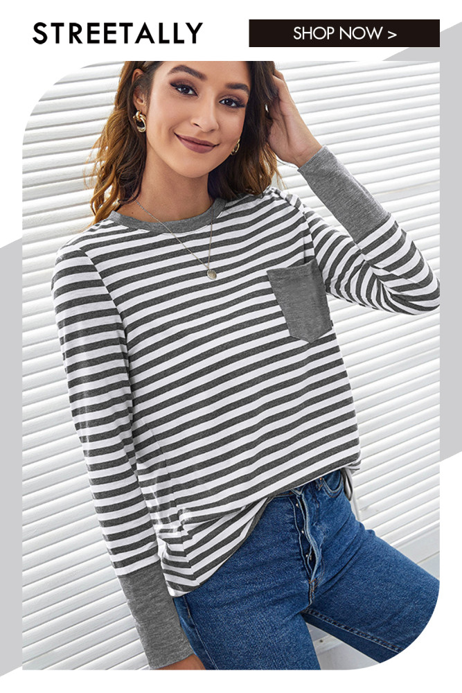 Round Neck Striped Contrast Pocket Long Sleeve Loose T-Shirts