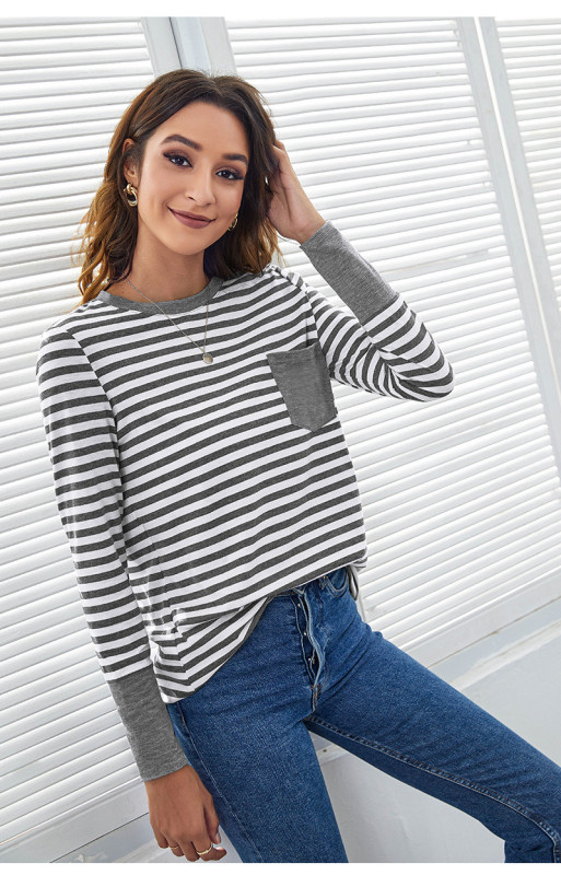 Round Neck Striped Contrast Pocket Long Sleeve Loose T-Shirts