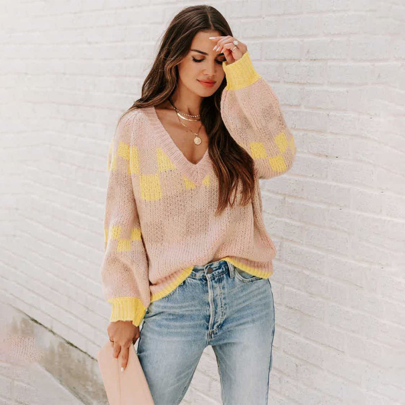 Fashion Contrast V-Neck Long Sleeves Casual Loose Sweaters & Cardigans