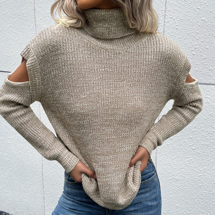 Fashion High Neck Long Sleeve Solid Cutout Off Shoulder Sweaters & Cardigans