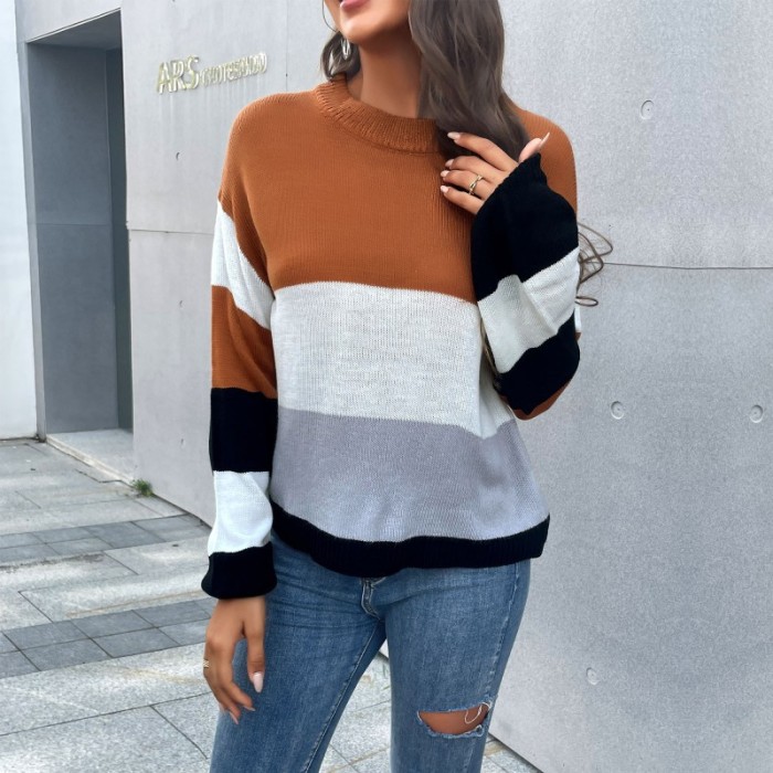 Casual Fashion Long Sleeve Colorblock Crew Neck Sweaters & Cardigans