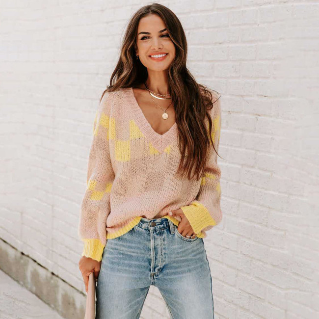 Fashion Contrast V-Neck Long Sleeves Casual Loose Sweaters & Cardigans