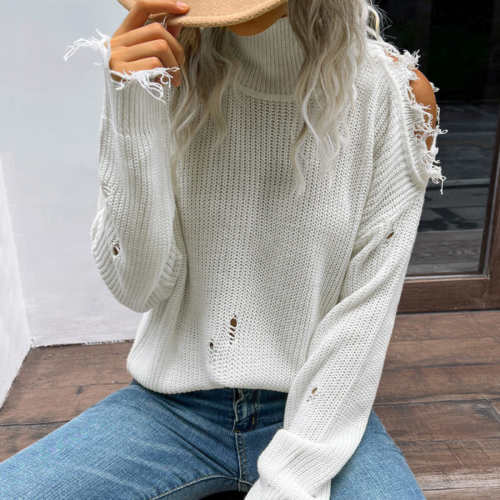 Shabby Long Sleeve Cutout White Turtleneck Sweaters & Cardigans