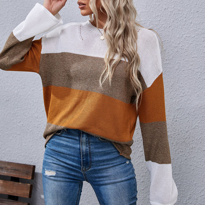 Paneled Long Sleeves Loose Crew Neck Fashion Sweaters & Cardigans