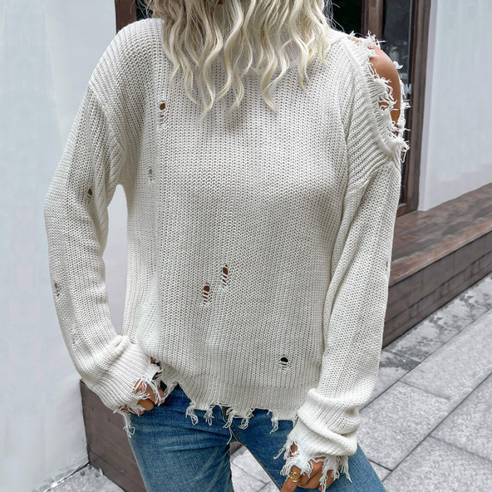 Shabby Long Sleeve Cutout White Turtleneck Sweaters & Cardigans