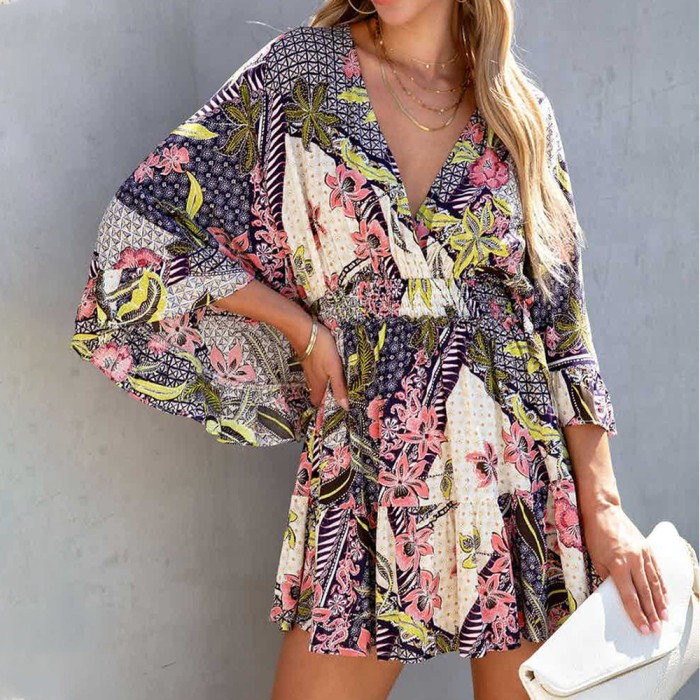 Printed V-Neck Flared Long Sleeves Loose Casual Mini Dresses
