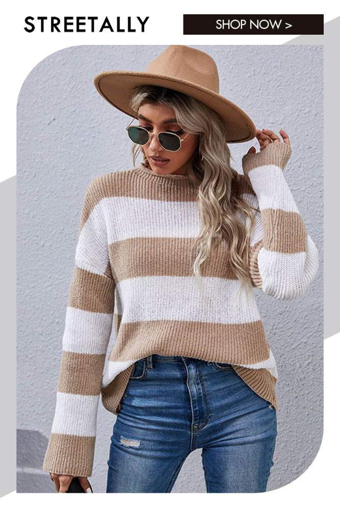 Long Sleeve Striped Turtleneck Loose Chic Sweaters & Cardigans