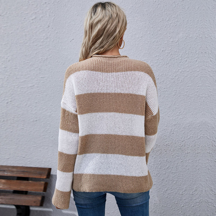 Long Sleeve Striped Turtleneck Loose Chic Sweaters & Cardigans