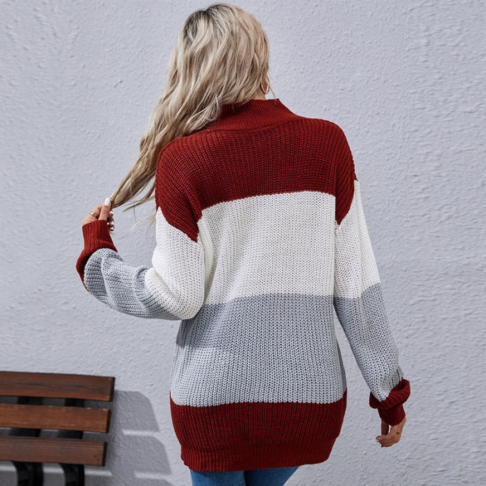 Fashionable Long Sleeve Colorblock Mid Length Casual Sweaters & Cardigans