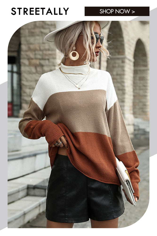 Sleek Long Sleeve Colorblock Half Turtleneck Loose Sweaters & Cardigans