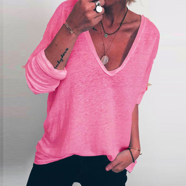 Casual Loose Long Sleeve V-Neck Print Solid Color T-Shirts